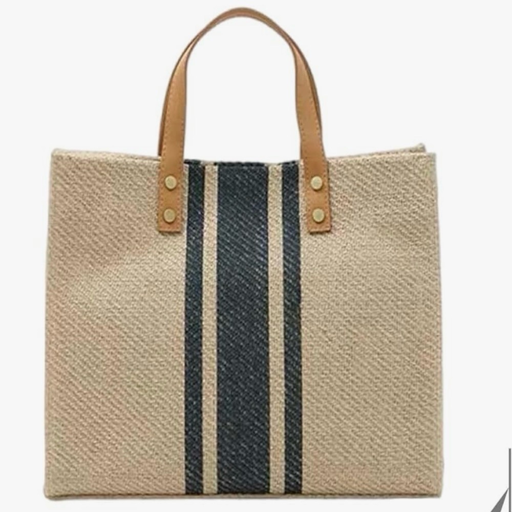 Structured Canvas Tote Bag Neutral Stripe Commuter & Beach Bag Tan/Black - Picture 1 of 10
